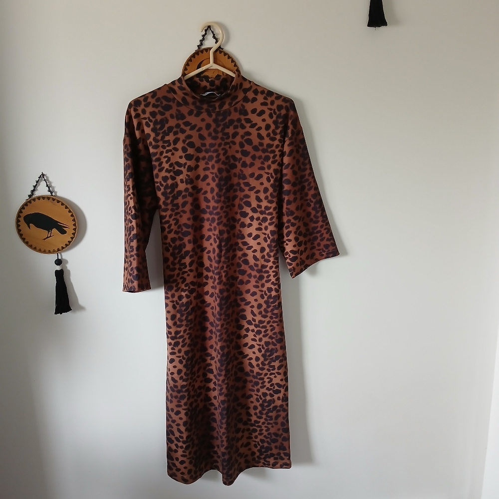Zara Leopard Print Midi Dress With High Neck & Waist Tie